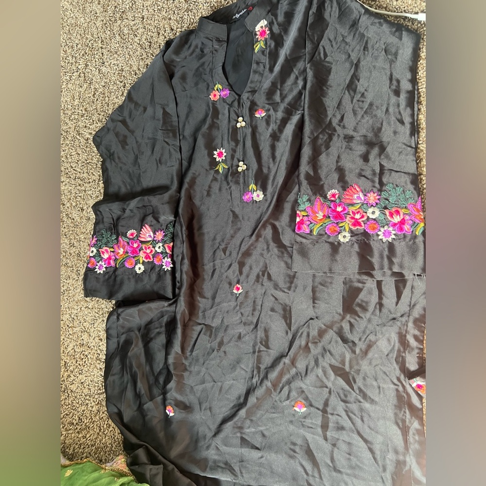 Black silk kurti and trouser with colorful embroidery